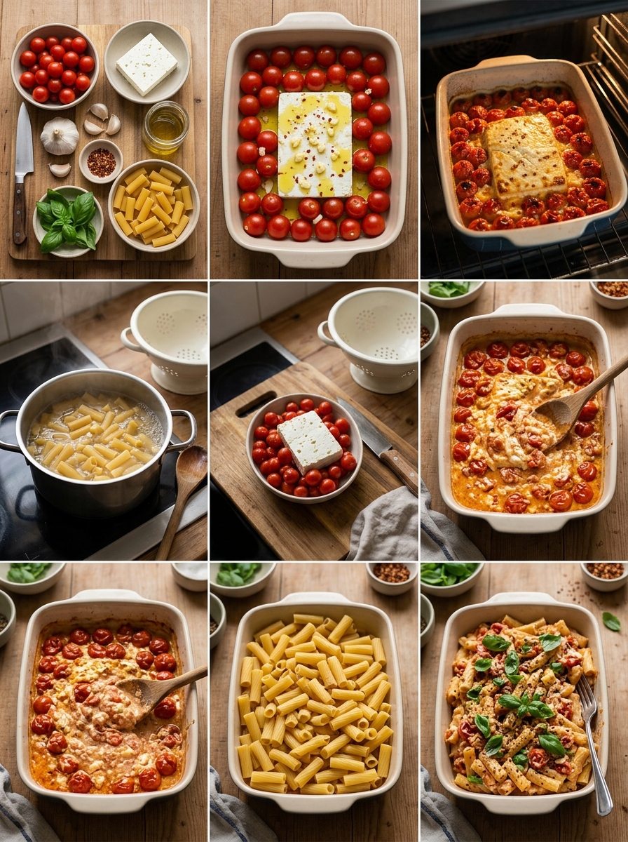 Instruction visual for Baked Tomato and Feta Pasta