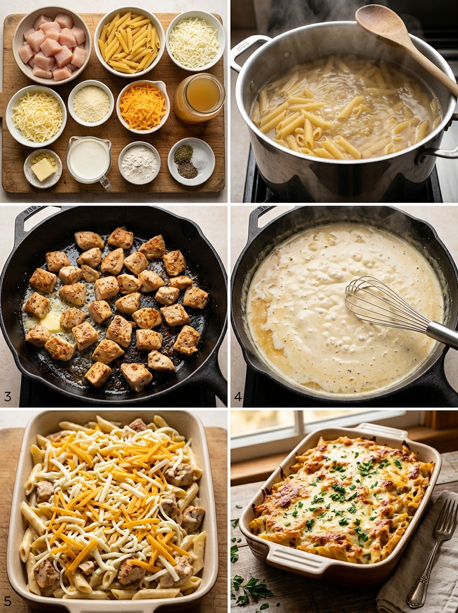 Instruction visual for Cheesy Chicken Penne Pasta