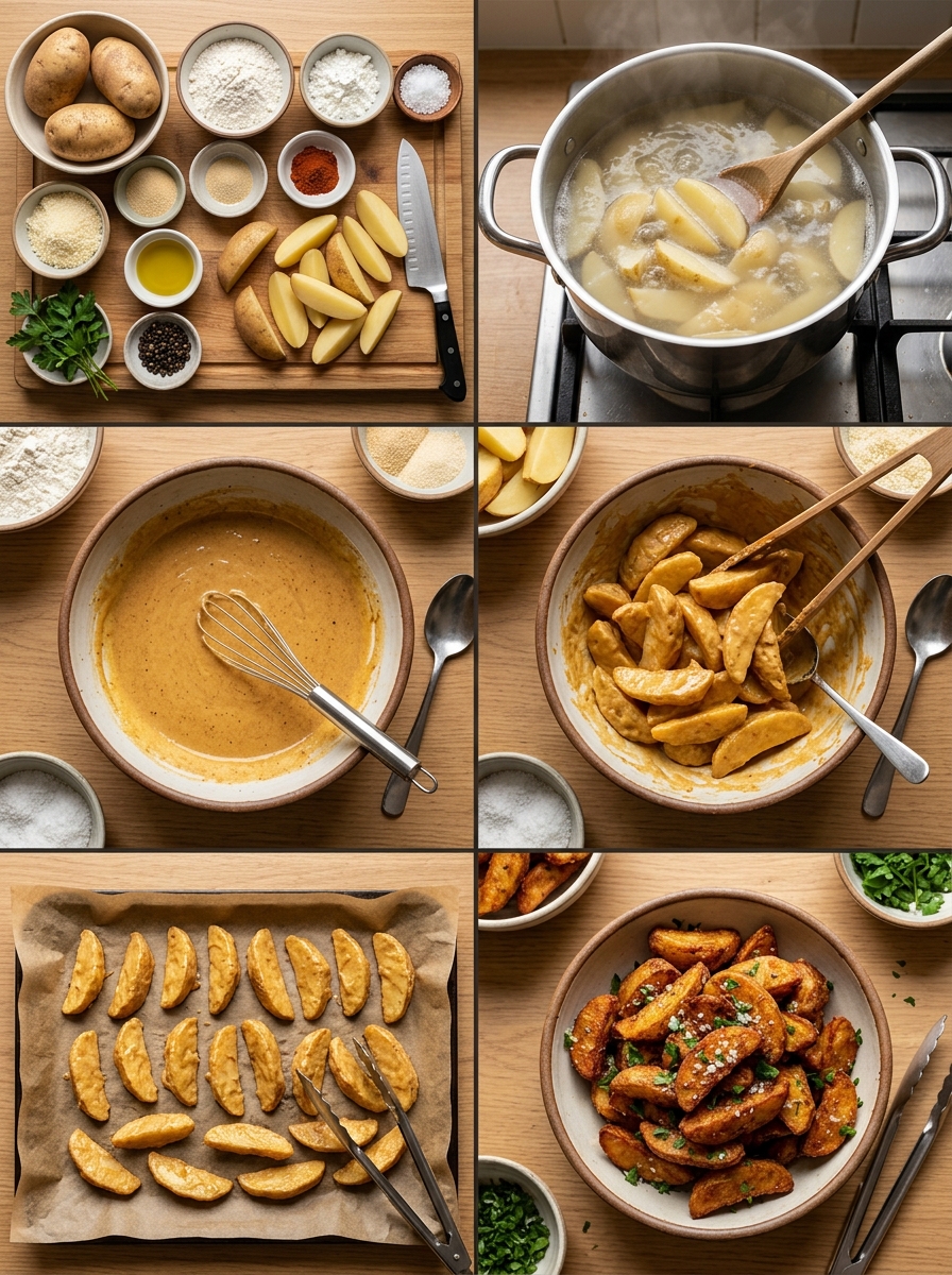 Instruction visual for Crispy Garlic Batter Potatoes