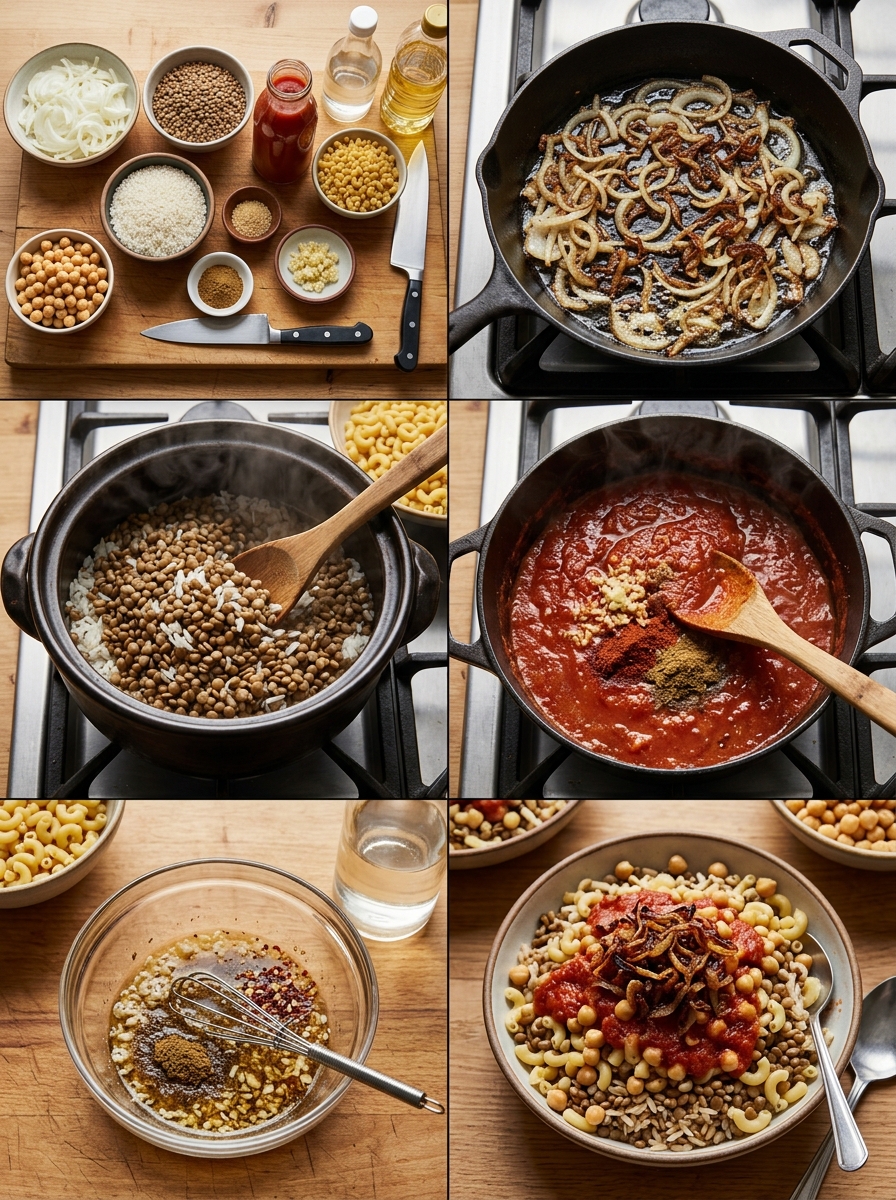 Instruction visual for Egyptian Koshari
