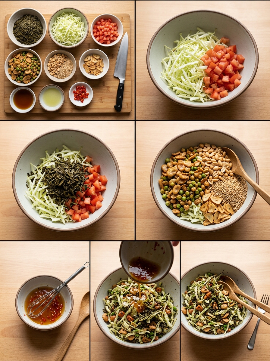 Instruction visual for Lahpet Thoke (Tea Leaf Salad)