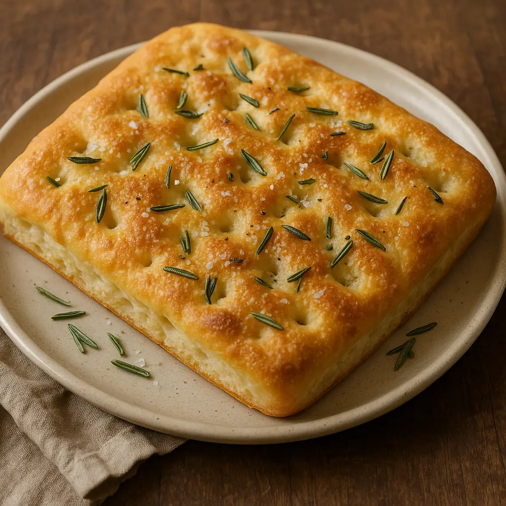 A golden-brown focaccia bread, dimpled and topped with fresh rosemary and coarse sea salt.