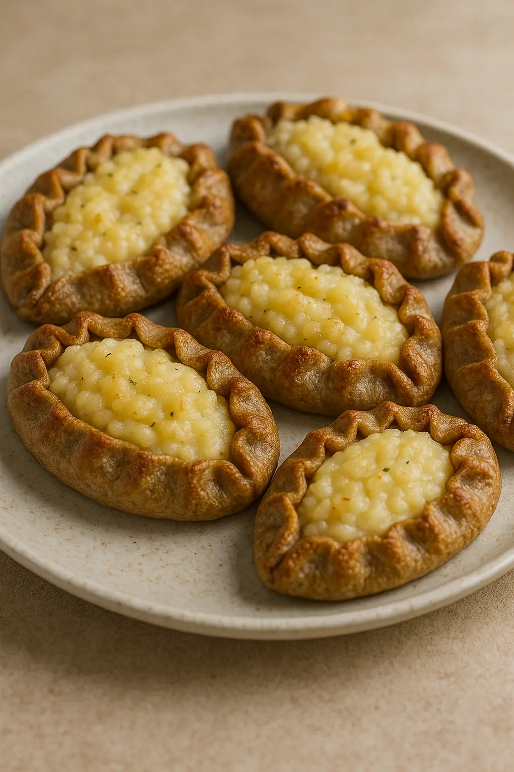 Pâtés Caréliens finlandais avec une croûte de seigle, une garniture de bouillie de riz, et servis avec du beurre aux œufs.