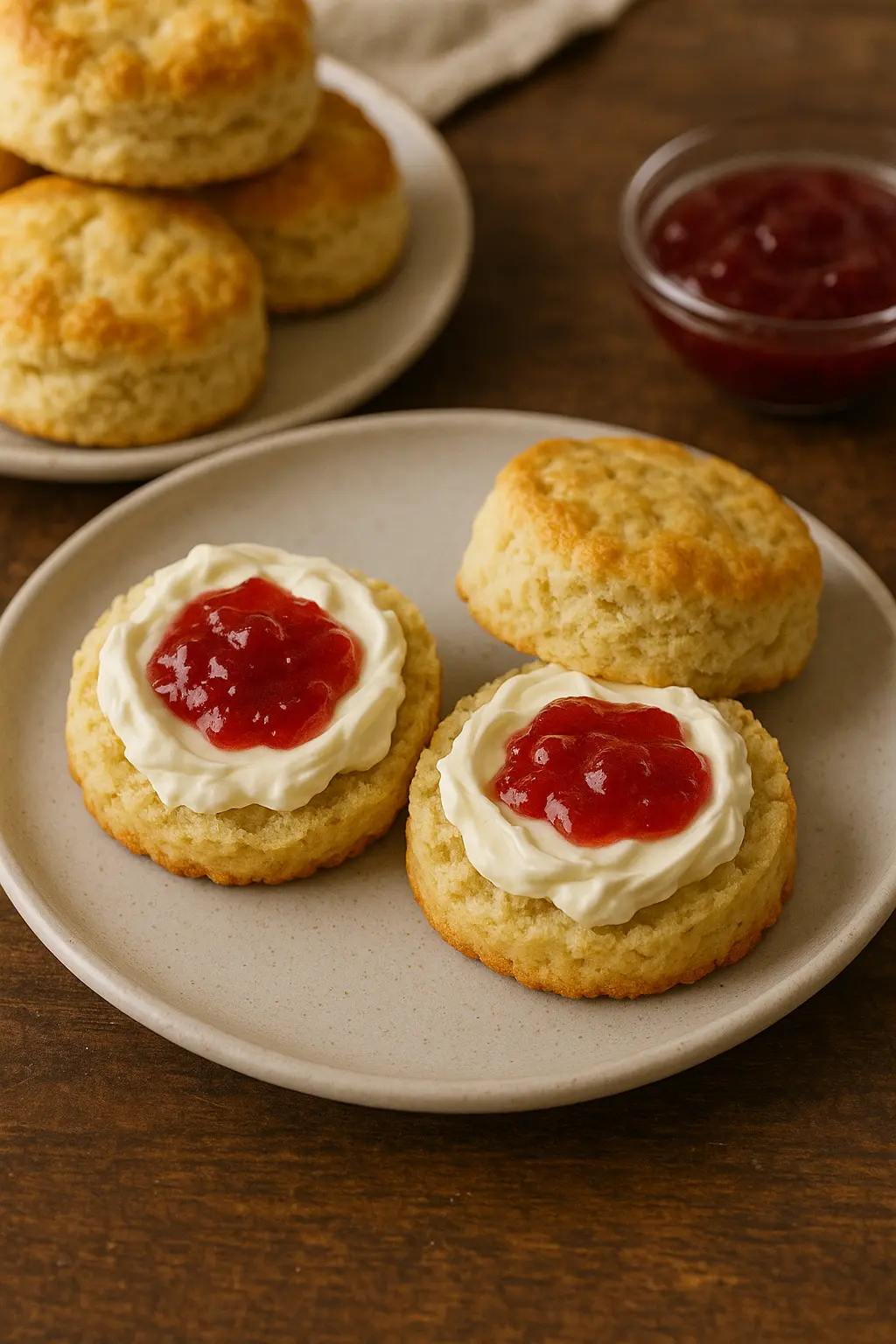 Warm, freshly baked scones served with strawberry jam and a generous dollop of clotted cream.