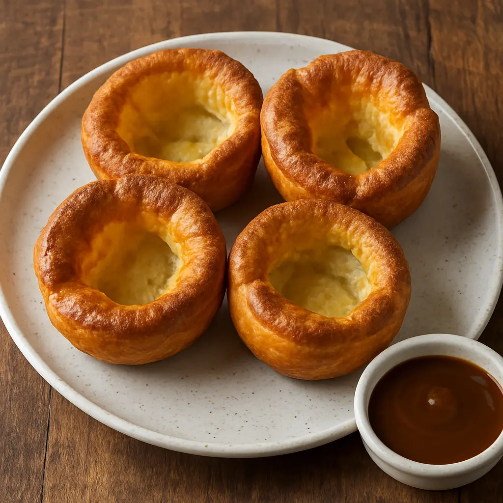 Tall, puffy, and golden-brown Yorkshire puddings fresh out of the oven.