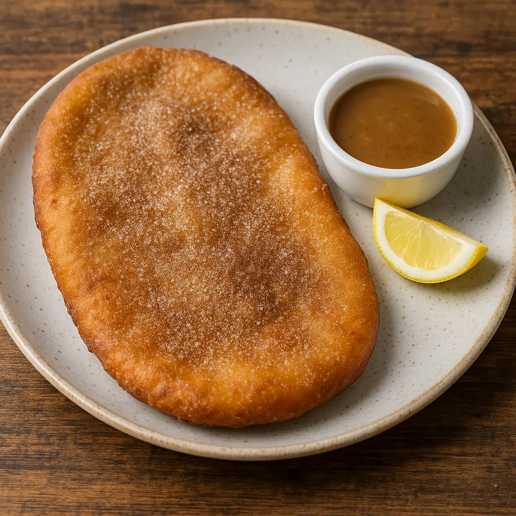 A golden-brown, fried beavertail pastry dusted with cinnamon sugar.