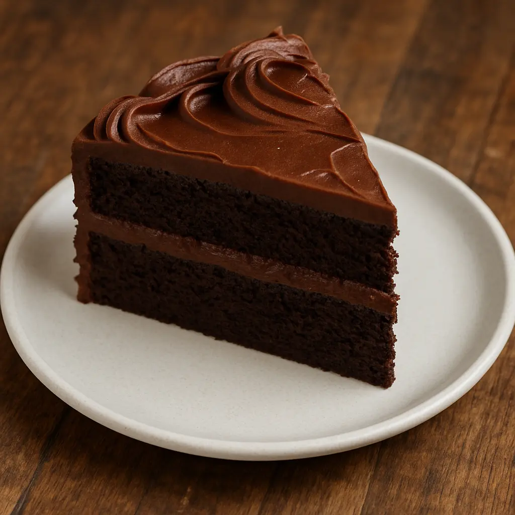 A slice of rich, dark chocolate layer cake with creamy chocolate frosting.