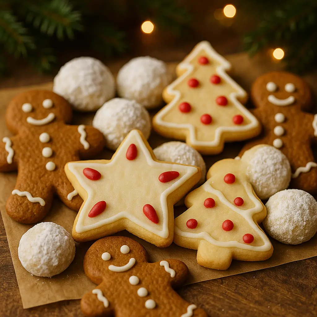 A festive assortment of decorated sugar cookies, gingerbread men, and snowball cookies for Christmas.
