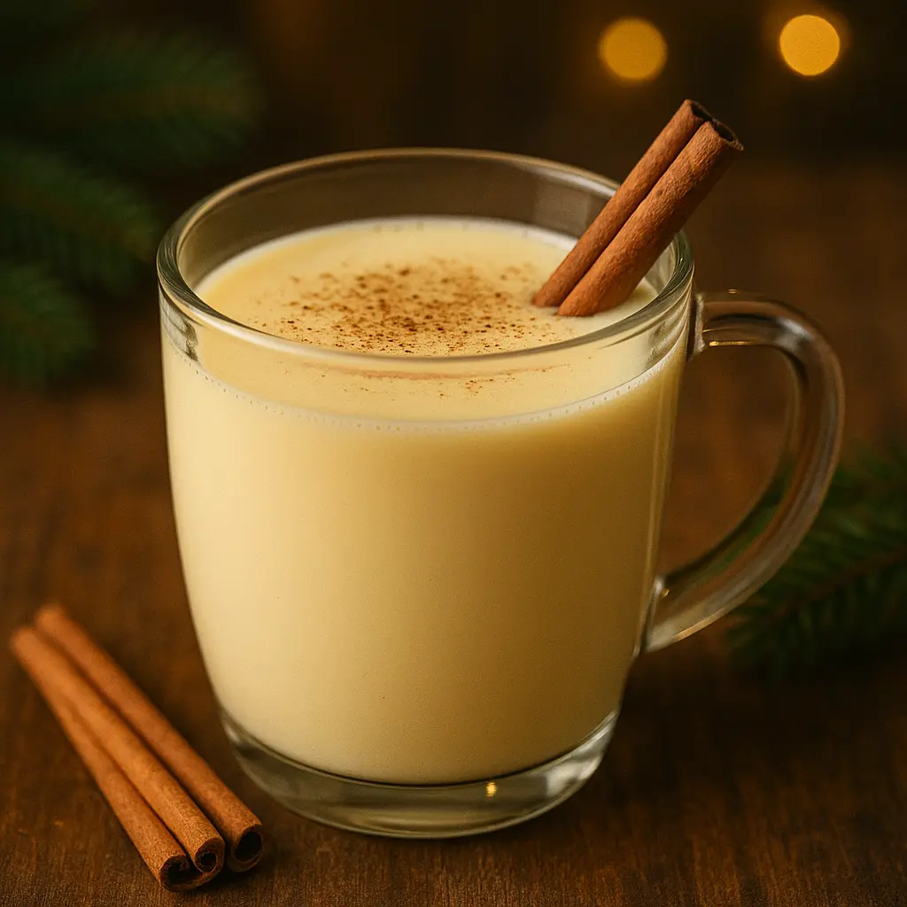 A festive glass mug of creamy homemade eggnog, garnished with nutmeg.