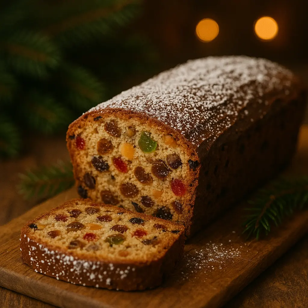 A rich, dark slice of Christmas fruitcake, studded with colorful candied fruits and nuts.