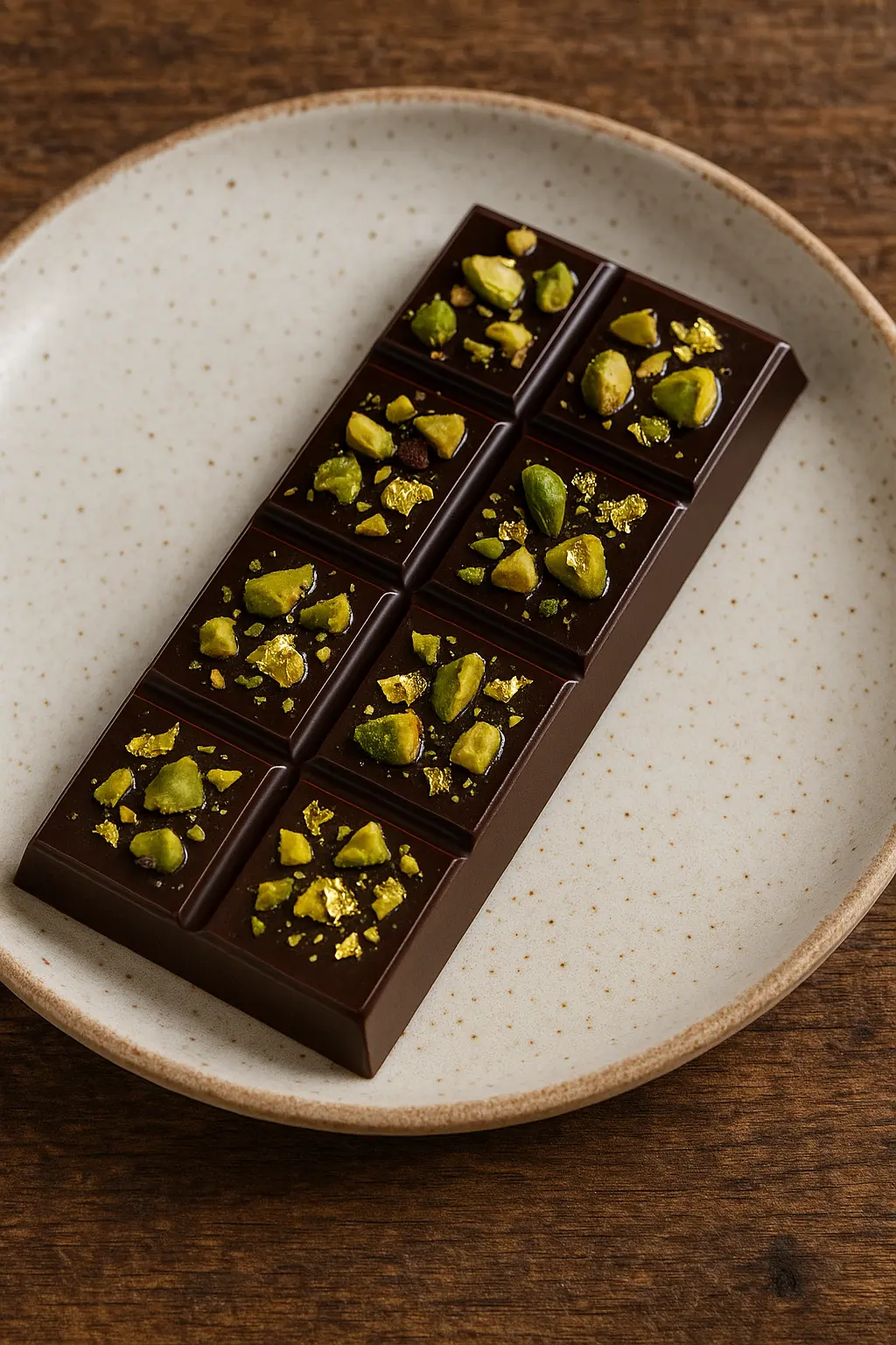 A slice of the viral Dubai chocolate bar showing the crunchy kunafa and pistachio filling.