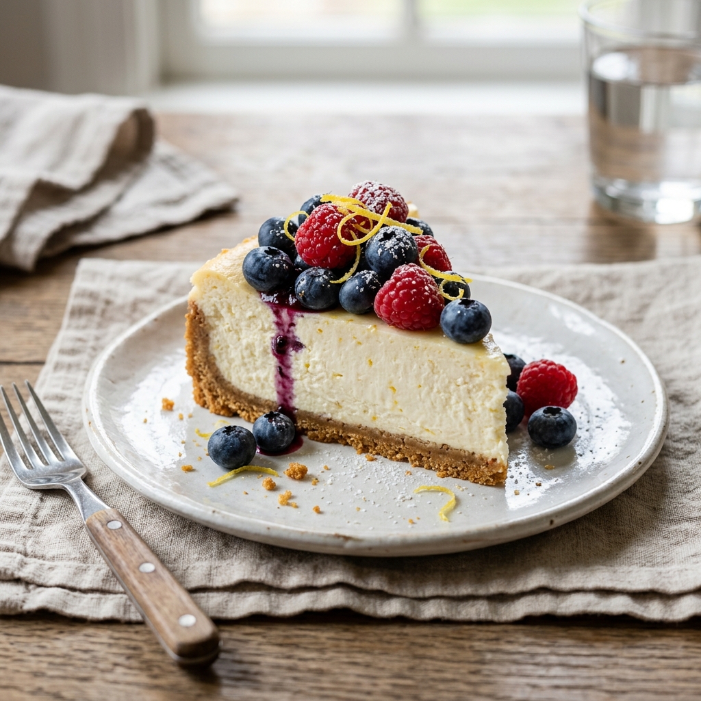 A slice of Greek yogurt cheesecake on a dessert plate topped with fresh blueberries, raspberries, and lemon zest.