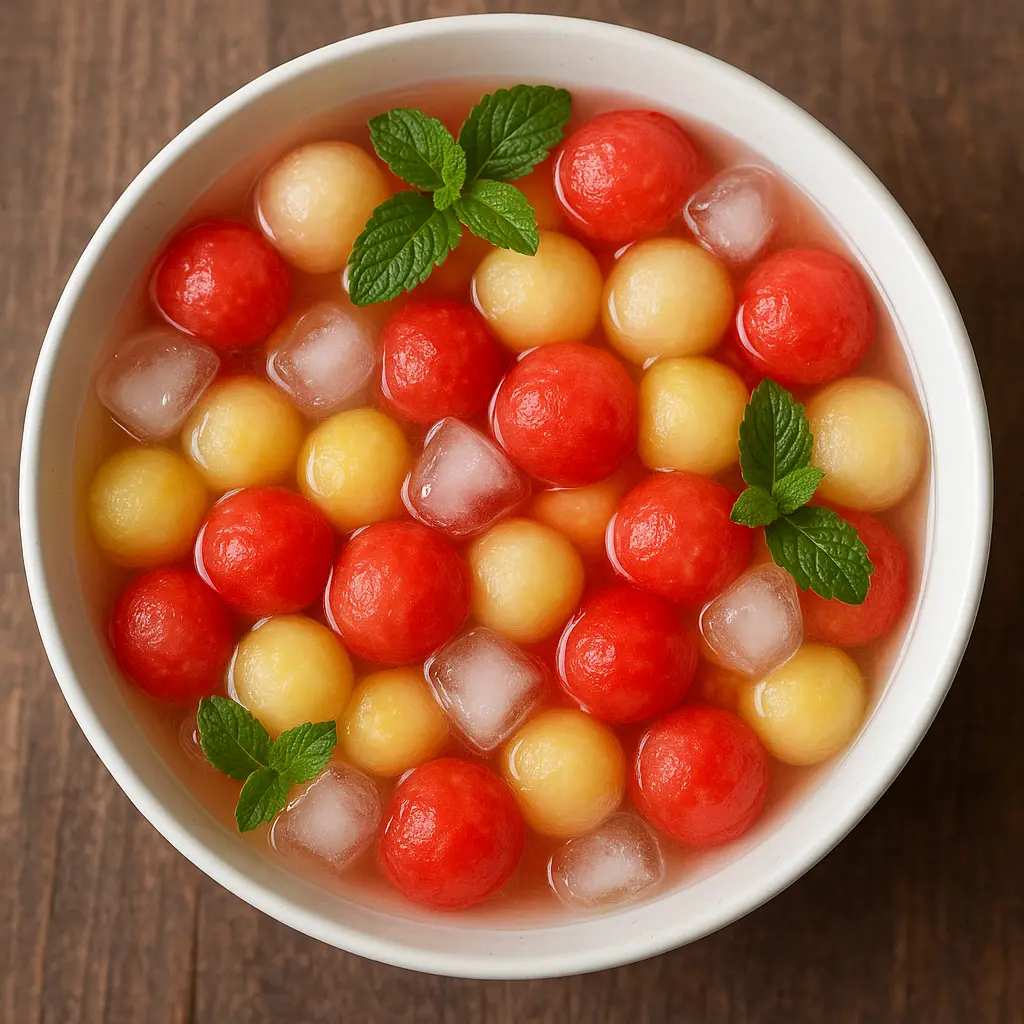A glass bowl filled with colorful Korean Hwachae fruit punch, featuring watermelon and berries.