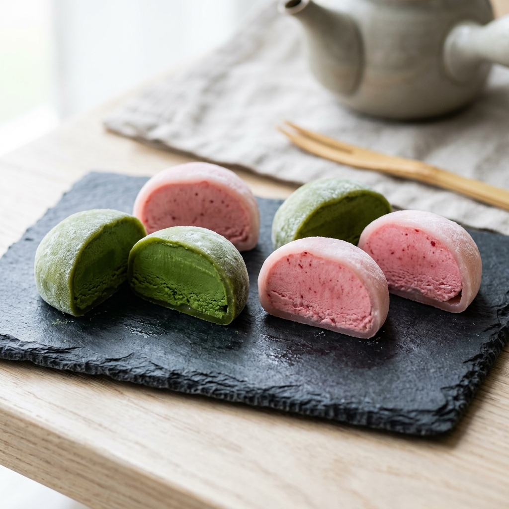 Round pastel mochi ice cream balls cut in half showing creamy matcha and strawberry ice cream centers.