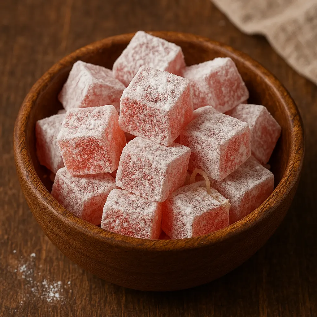 Cubes of pink, rose-flavored Turkish Delight dusted with powdered sugar.