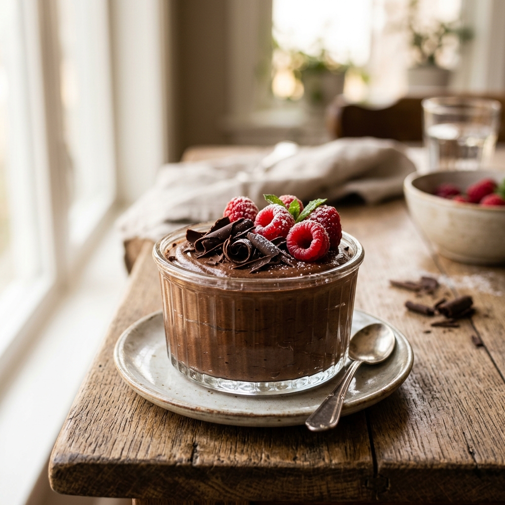 A chilled ramekin of velvety vegan chocolate mousse garnished with dark chocolate shavings and fresh raspberries.
