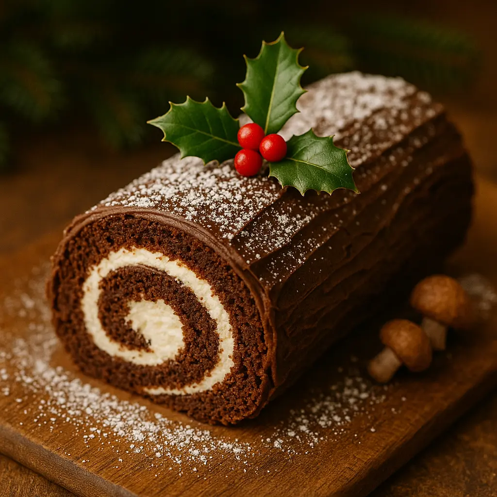 A festive Yule Log Cake decorated to look like a log with chocolate ganache bark and meringue mushrooms.