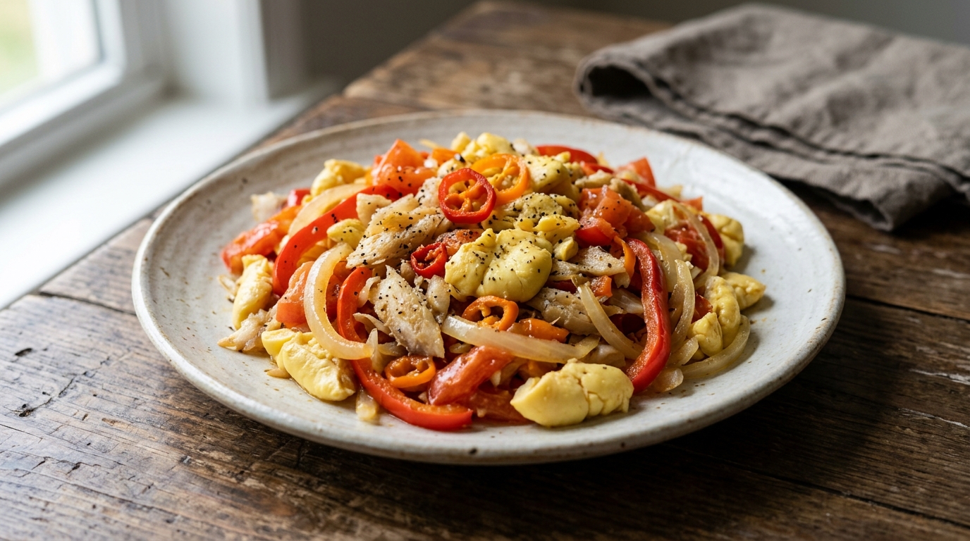 Jamaican Ackee and Saltfish sauteed with onions and bell peppers.