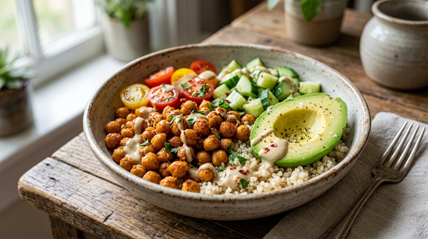 Nourishing bowl with crispy air-fryer chickpeas, quinoa, avocado, and tahini dressing.