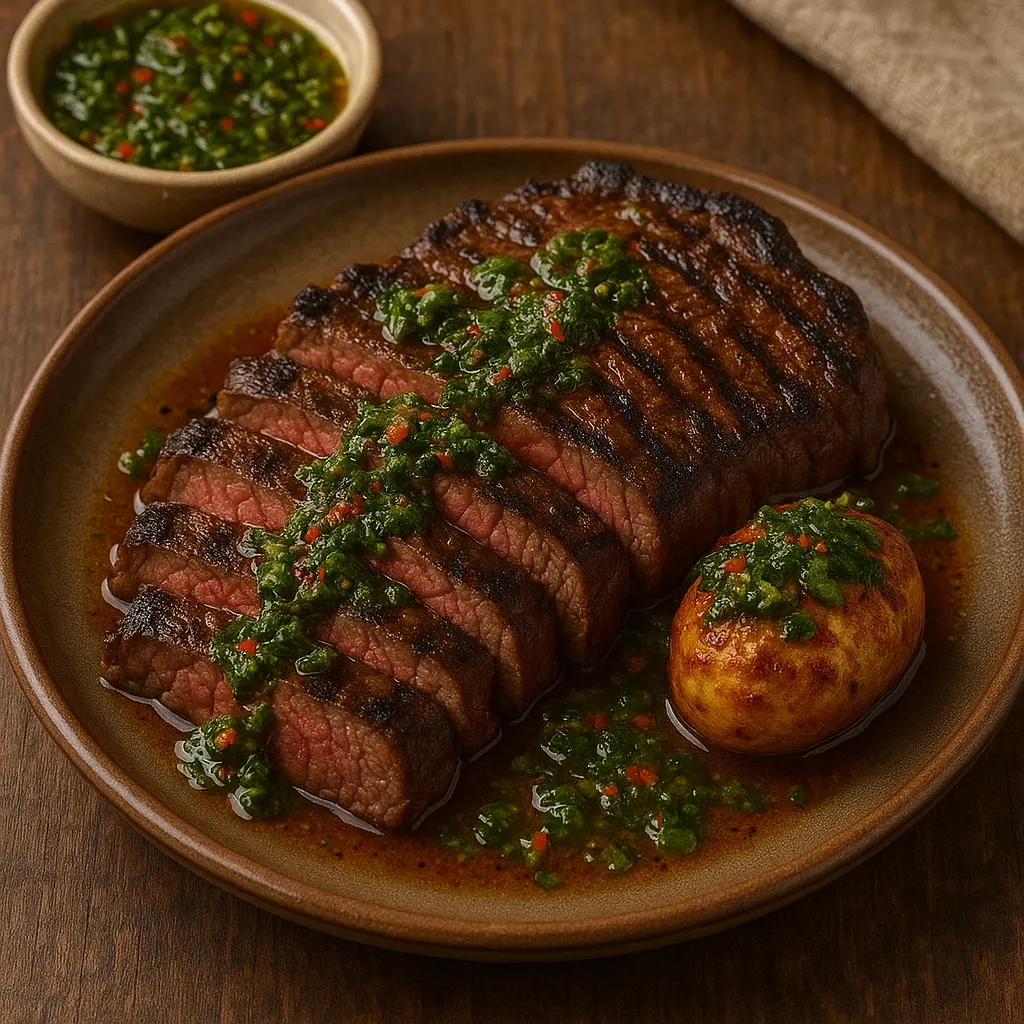Grilled steak sliced and topped with vibrant green chimichurri sauce.