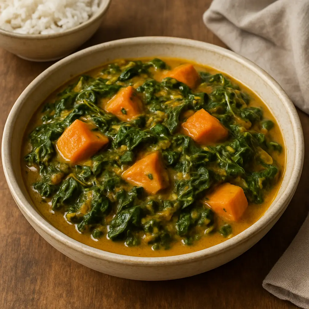 A bowl of traditional Burkinabe Babenda, a porridge with fish and greens.