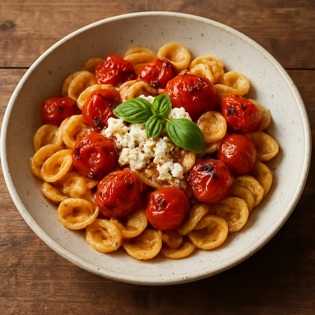 A baking dish with baked feta and cherry tomatoes, with pasta being mixed in.