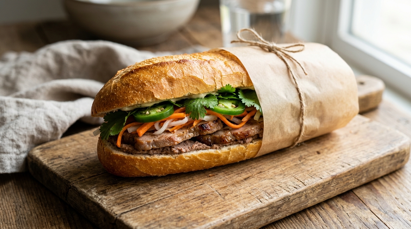 Vietnamese Banh Mi sandwich stuffed with grilled pork, cilantro, and pickled carrots.