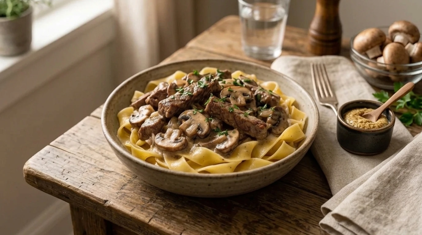 Creamy beef stroganoff with mushrooms served over buttered egg noodles.