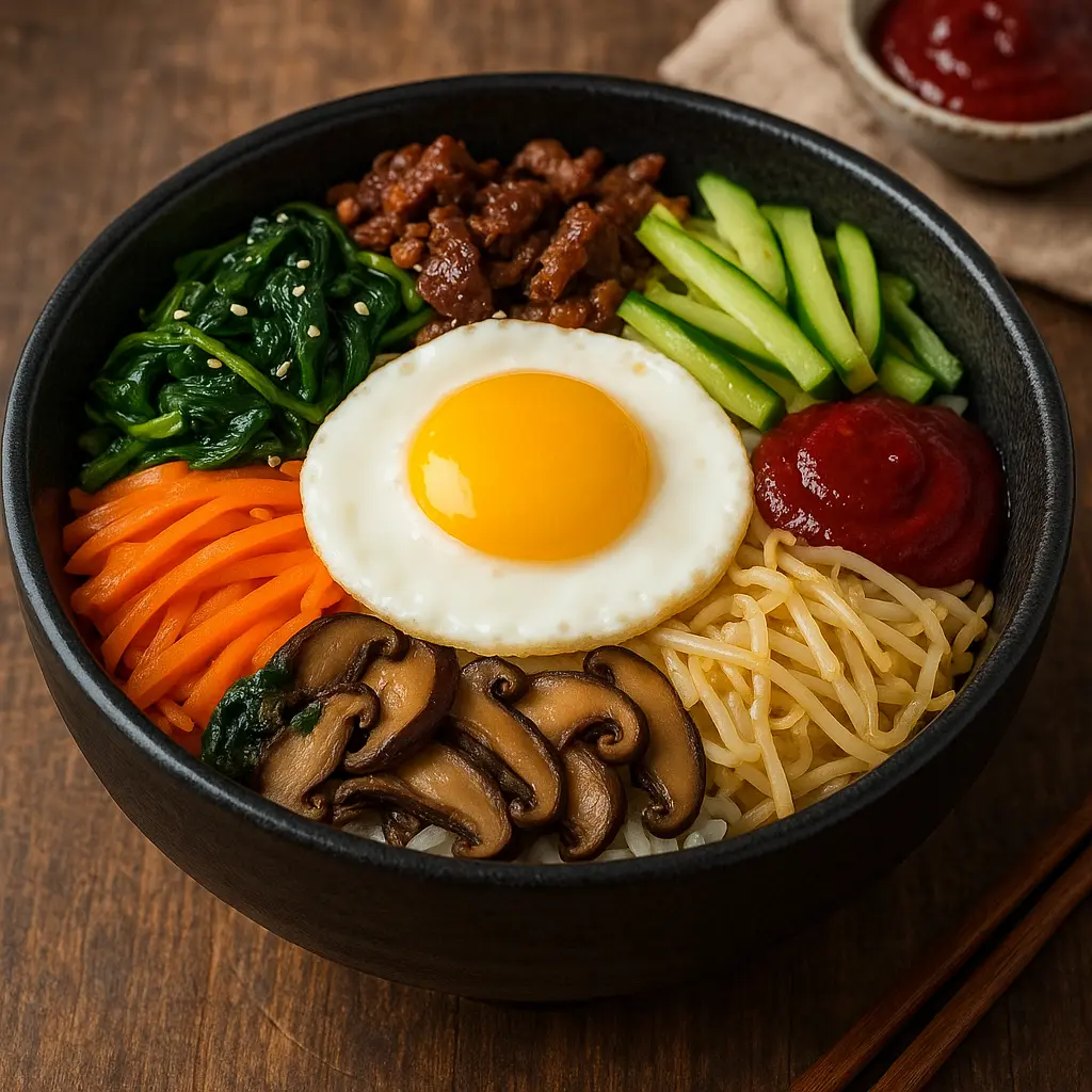 A colorful bowl of Korean Bibimbap with rice, various vegetables, beef, and a fried egg on top.