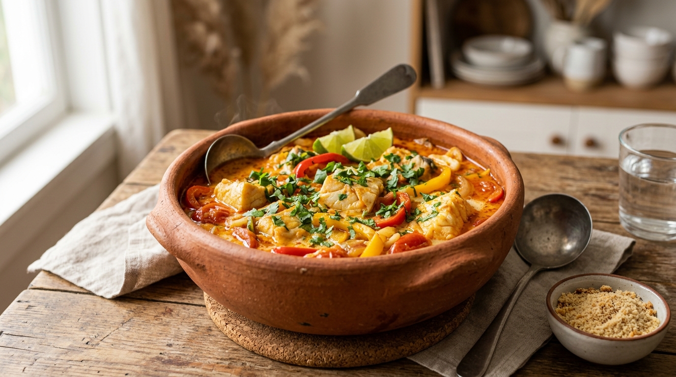 Clay pot with colorful Brazilian fish stew cooked with peppers and coconut milk.