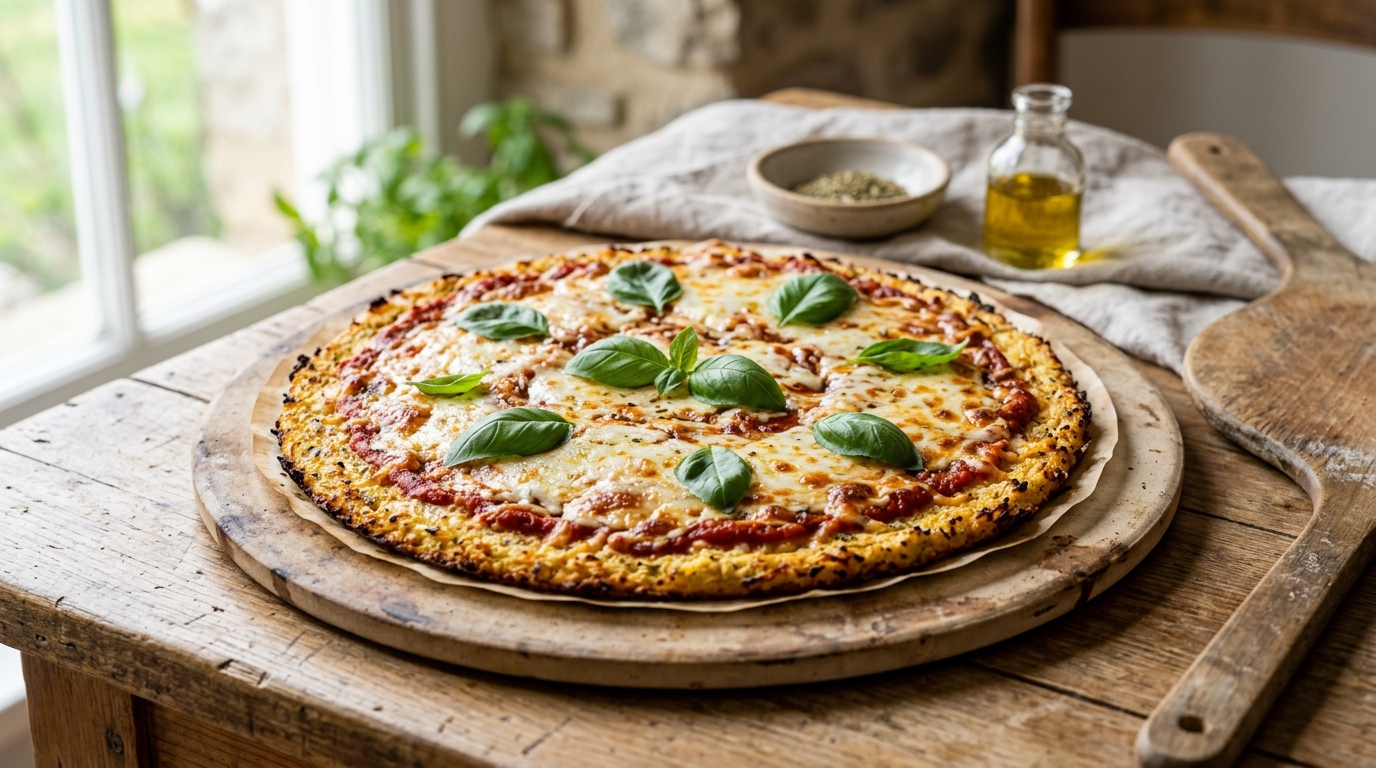 Golden baked cauliflower pizza crust topped with tomato sauce, mozzarella, and fresh basil.