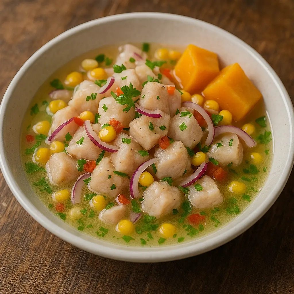 A bright and fresh bowl of Peruvian ceviche with fish, red onion, and cilantro.