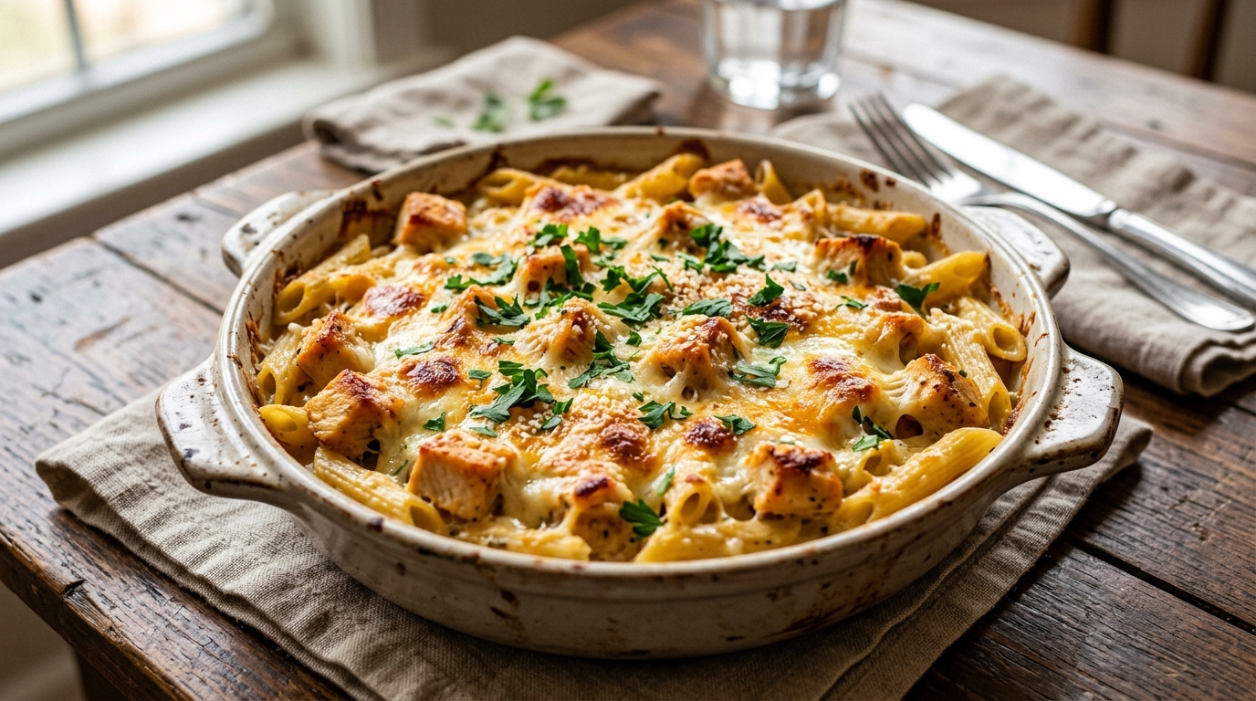 Bubbling cheesy chicken penne pasta baked in a dish with melted golden cheese.