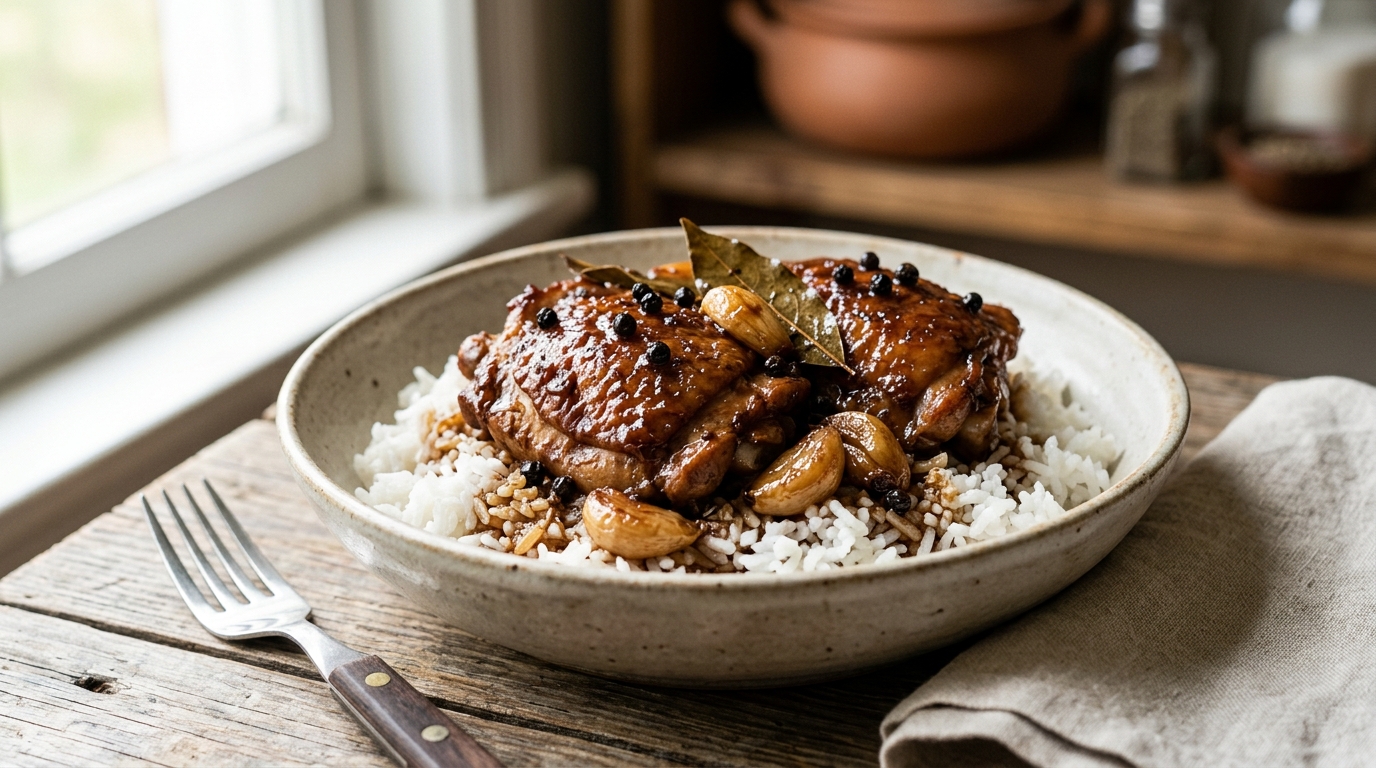 Savory Philippine chicken adobo served over white rice with reduced garlic sauce.