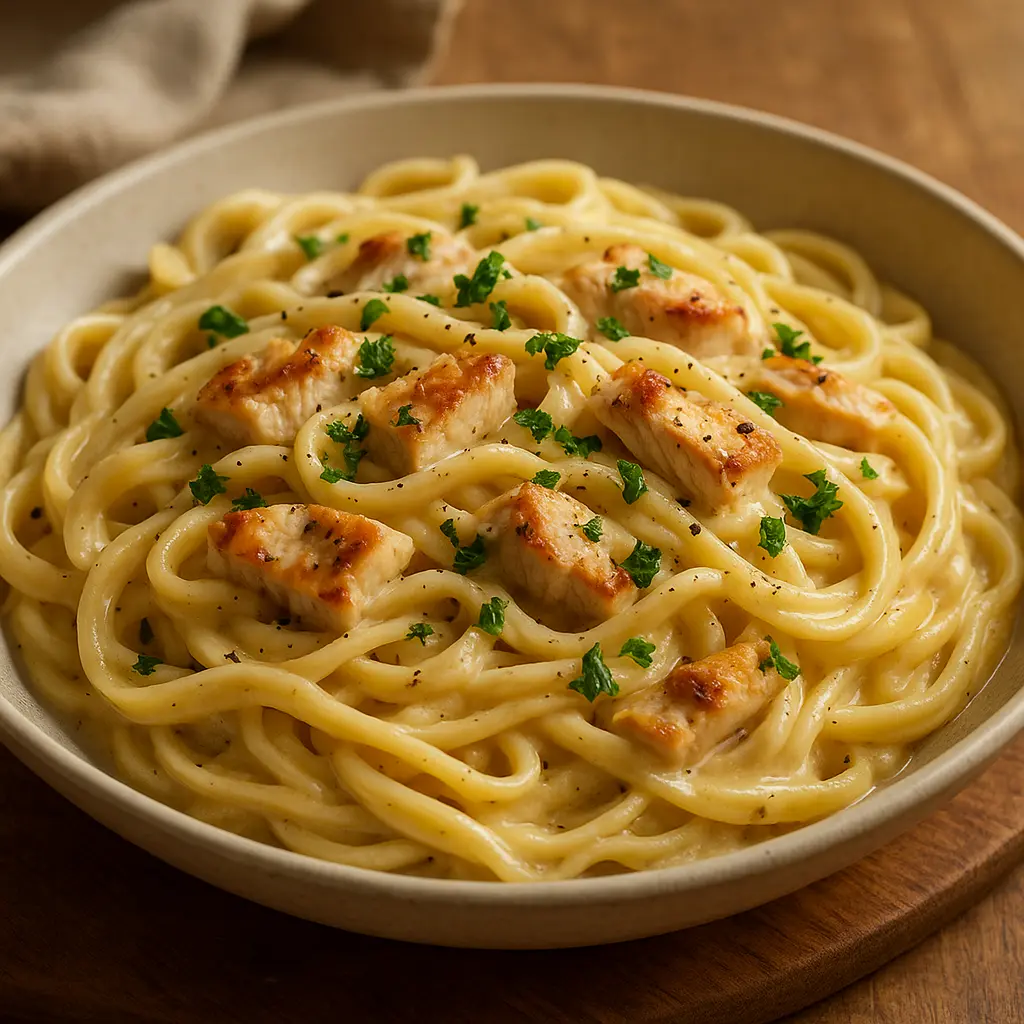 A rich and creamy plate of chicken Alfredo pasta, garnished with fresh parsley.