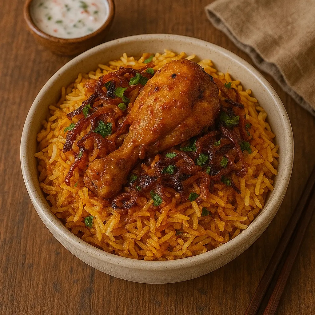 A platter of aromatic chicken biryani with long-grain basmati rice, tender chicken, and garnished with fried onions.