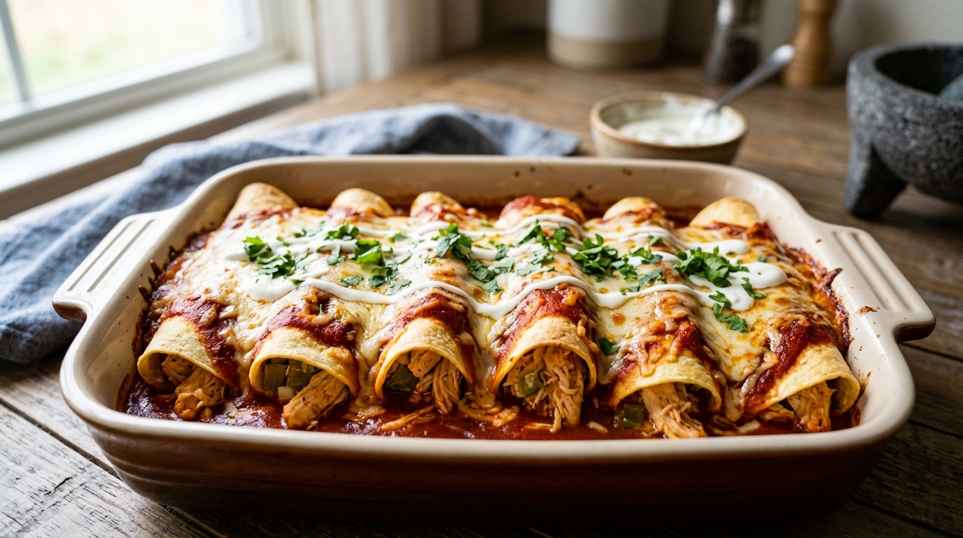 Cheesy baked chicken enchiladas in red sauce topped with cilantro.