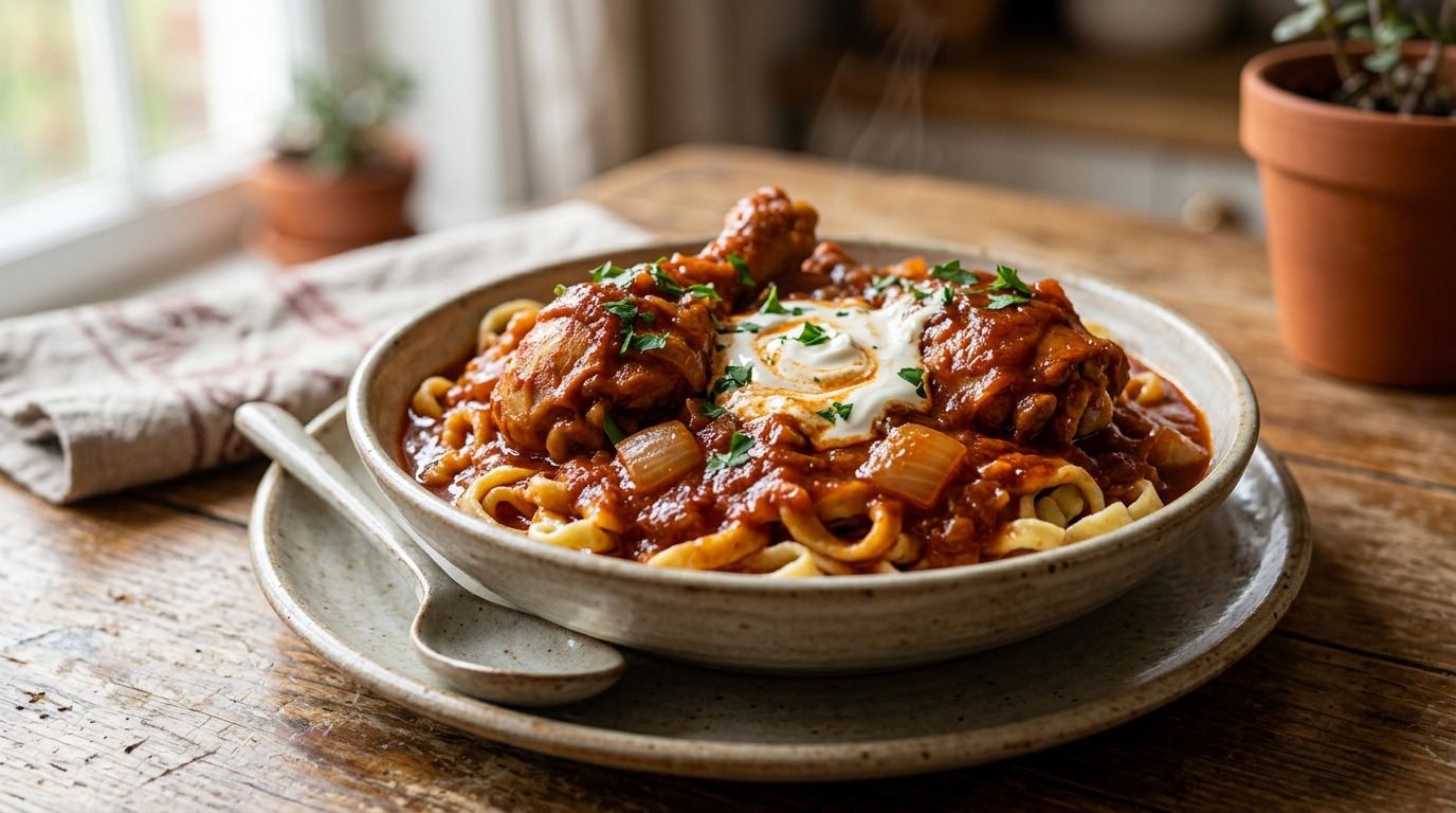 Rich red Hungarian chicken paprikash served over egg noodles with sour cream.
