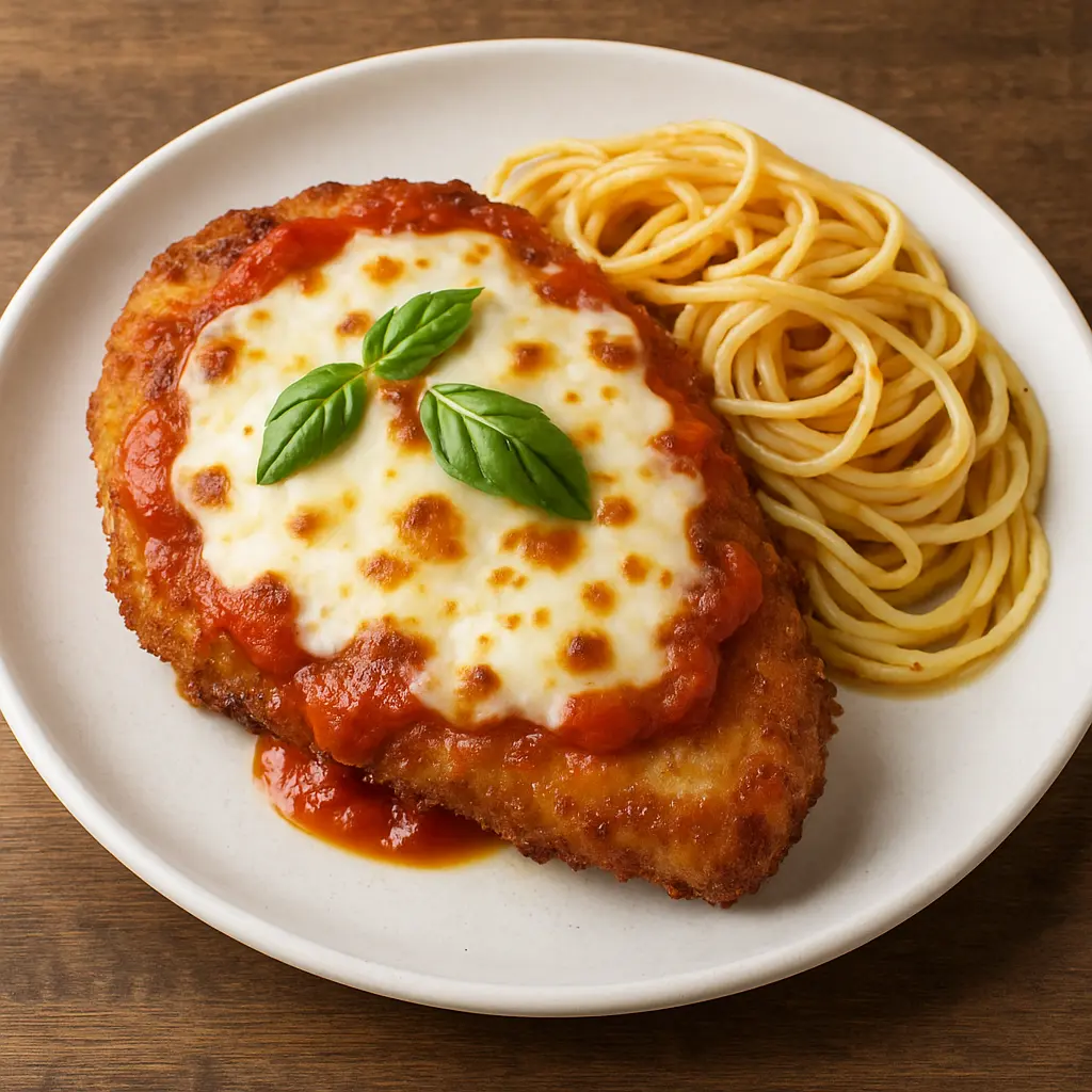 A golden-brown chicken parmesan cutlet covered in marinara sauce and melted mozzarella, garnished with fresh basil.