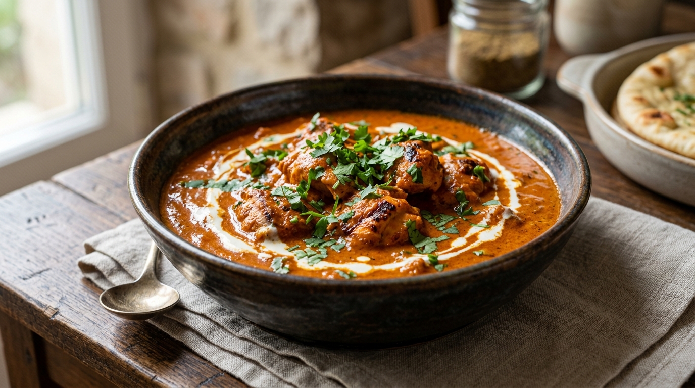Golden chicken tikka masala garnished with cilantro and heavy cream swirl.