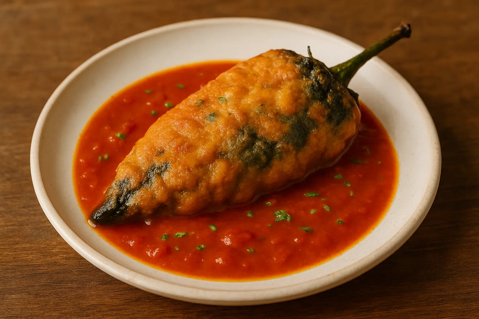 A plate of Chiles Rellenos, with one cut open to show the melted cheese filling.