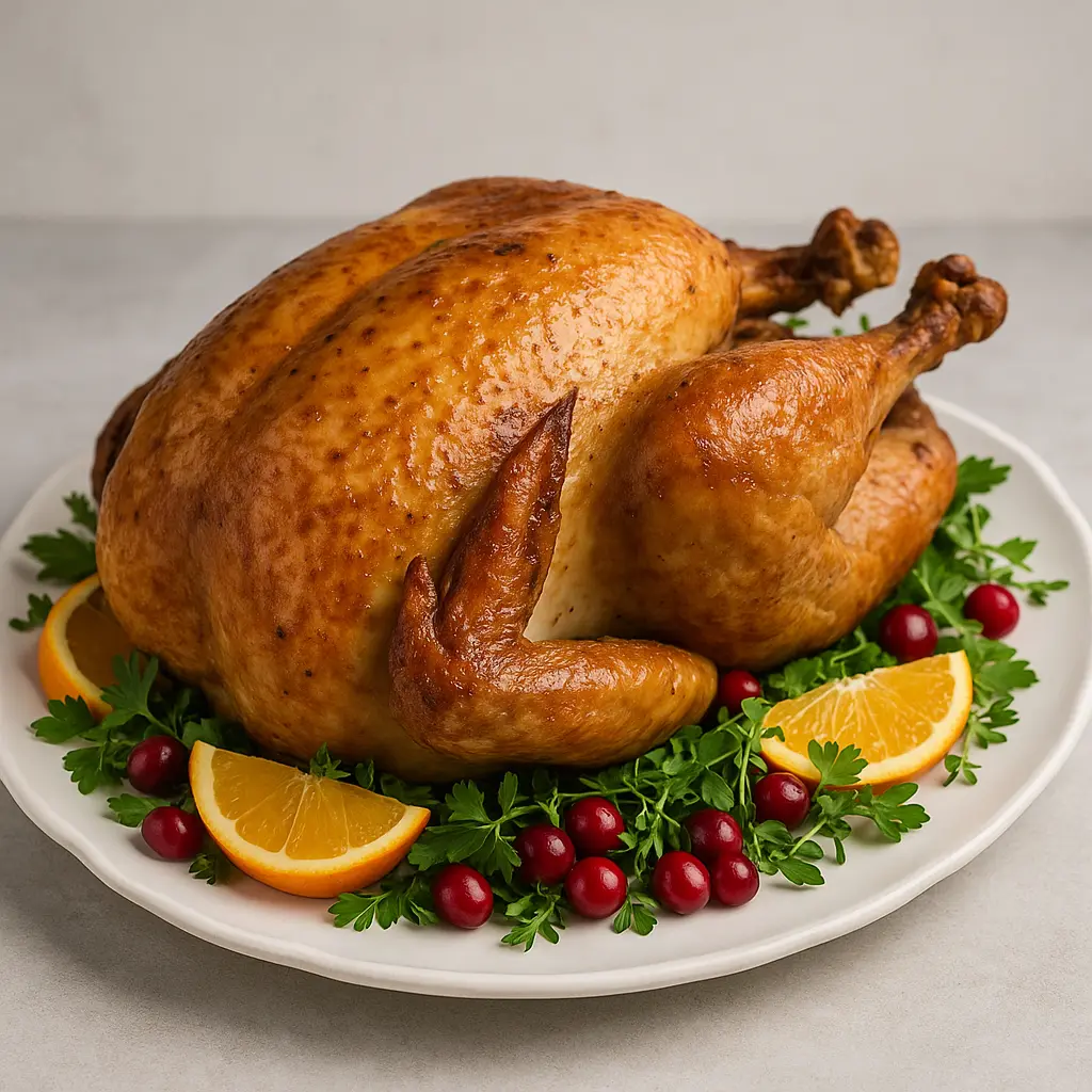 A magnificent, golden-brown roast turkey on a platter, ready to be carved for a Christmas dinner.