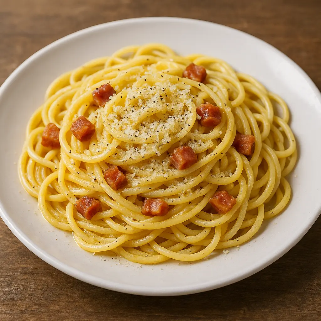 A close-up of spaghetti carbonara in a white bowl, garnished with parsley and grated cheese.