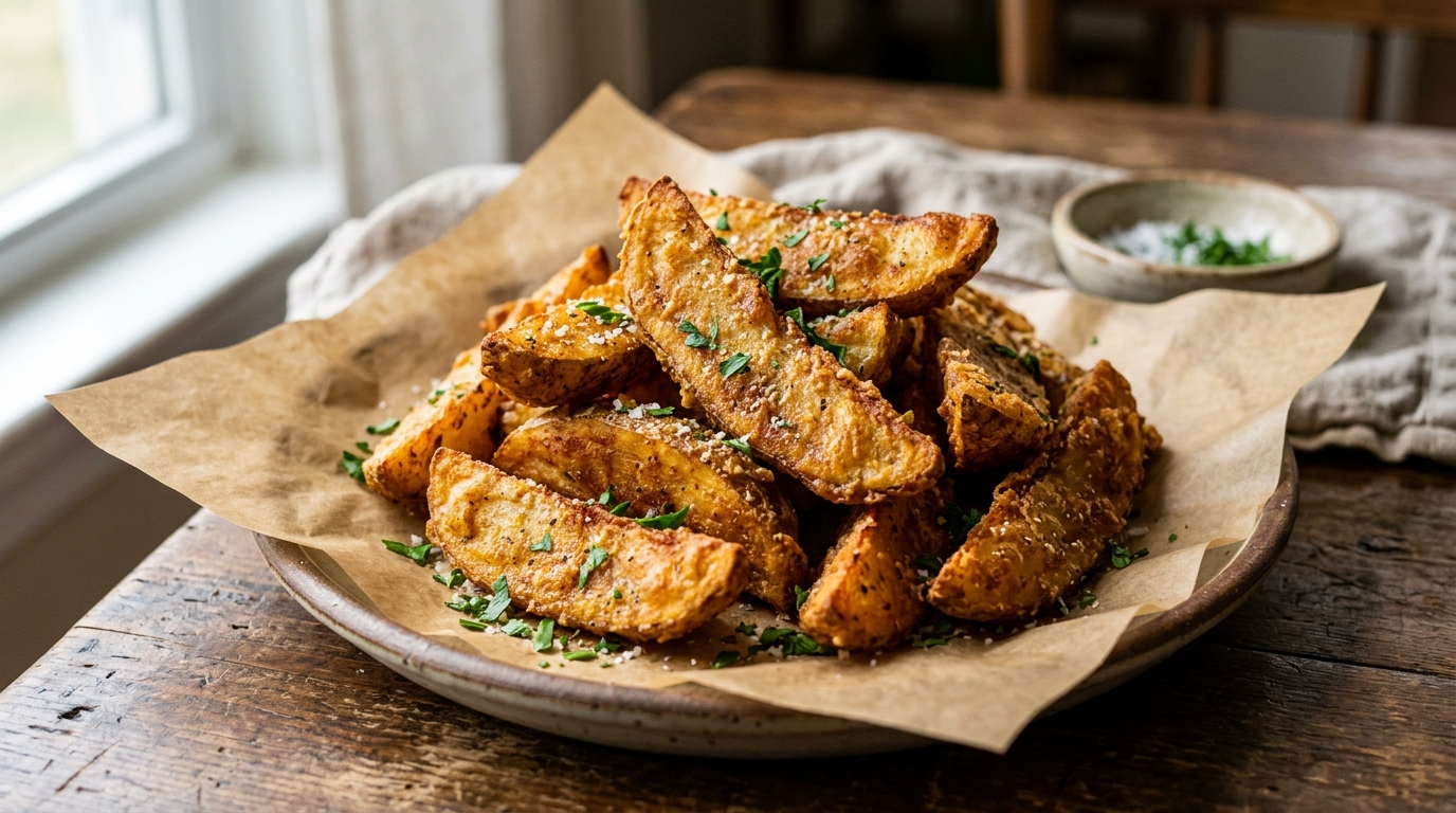 Ultra-crispy garlic batter potato wedges piled on parchment paper sprinkled with parsley and sea salt.
