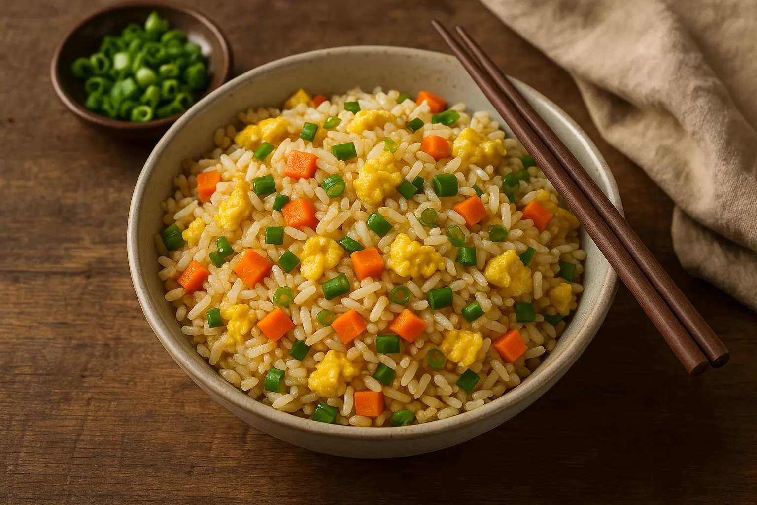 A wok filled with fluffy egg fried rice, mixed with peas, carrots, and scallions.