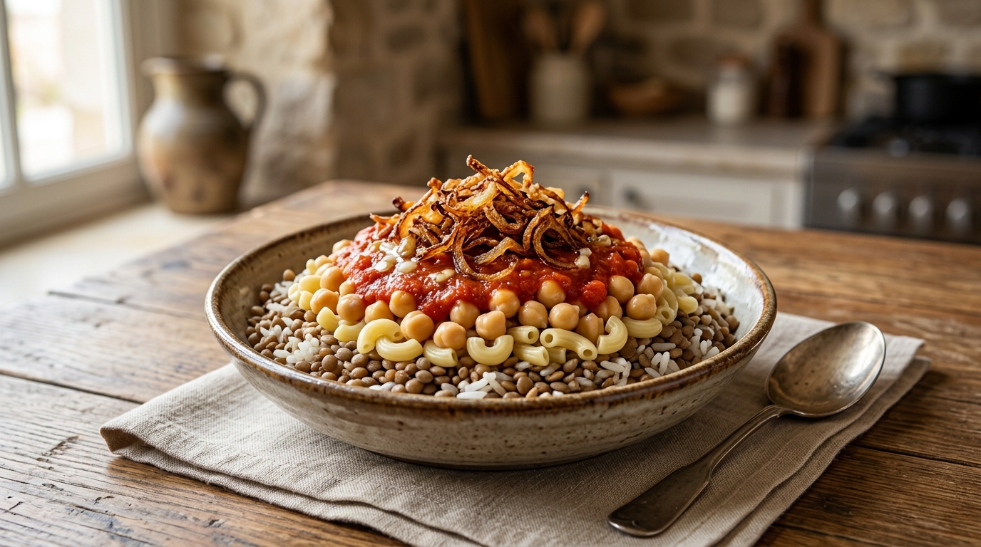 Bowl of layered Egyptian Koshari topped with tomato sauce and crispy fried onions.