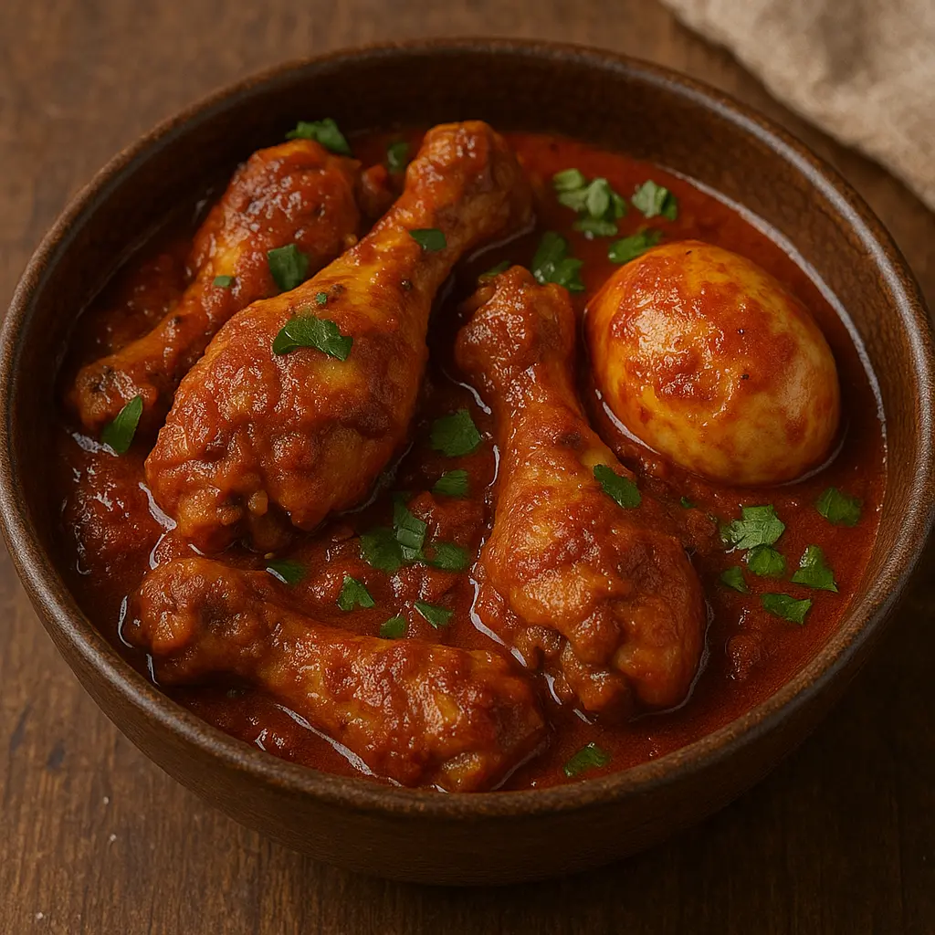 A rich, dark red Ethiopian Doro Wat chicken stew served with hard-boiled eggs.