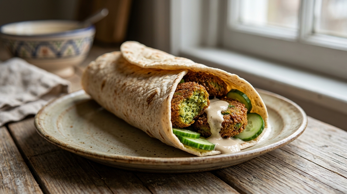 Falafel wrap filled with green herb falafel, cucumbers, and tahini sauce.