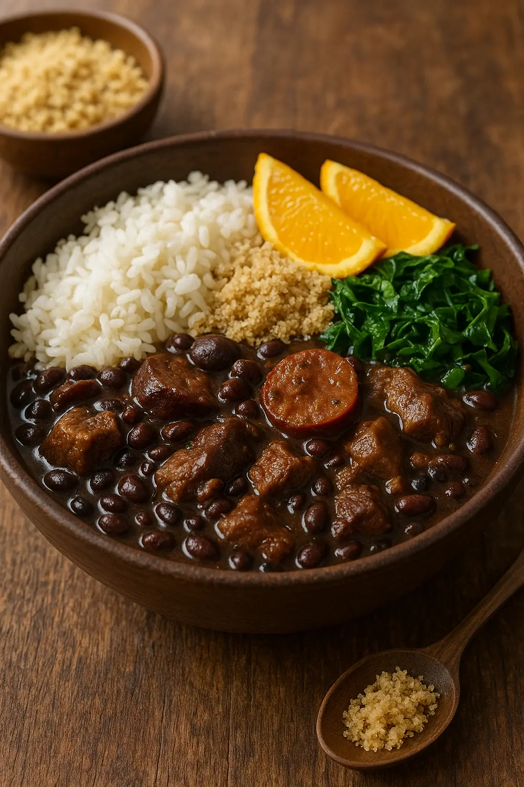 A large pot of rich, dark Feijoada, a Brazilian black bean and meat stew.