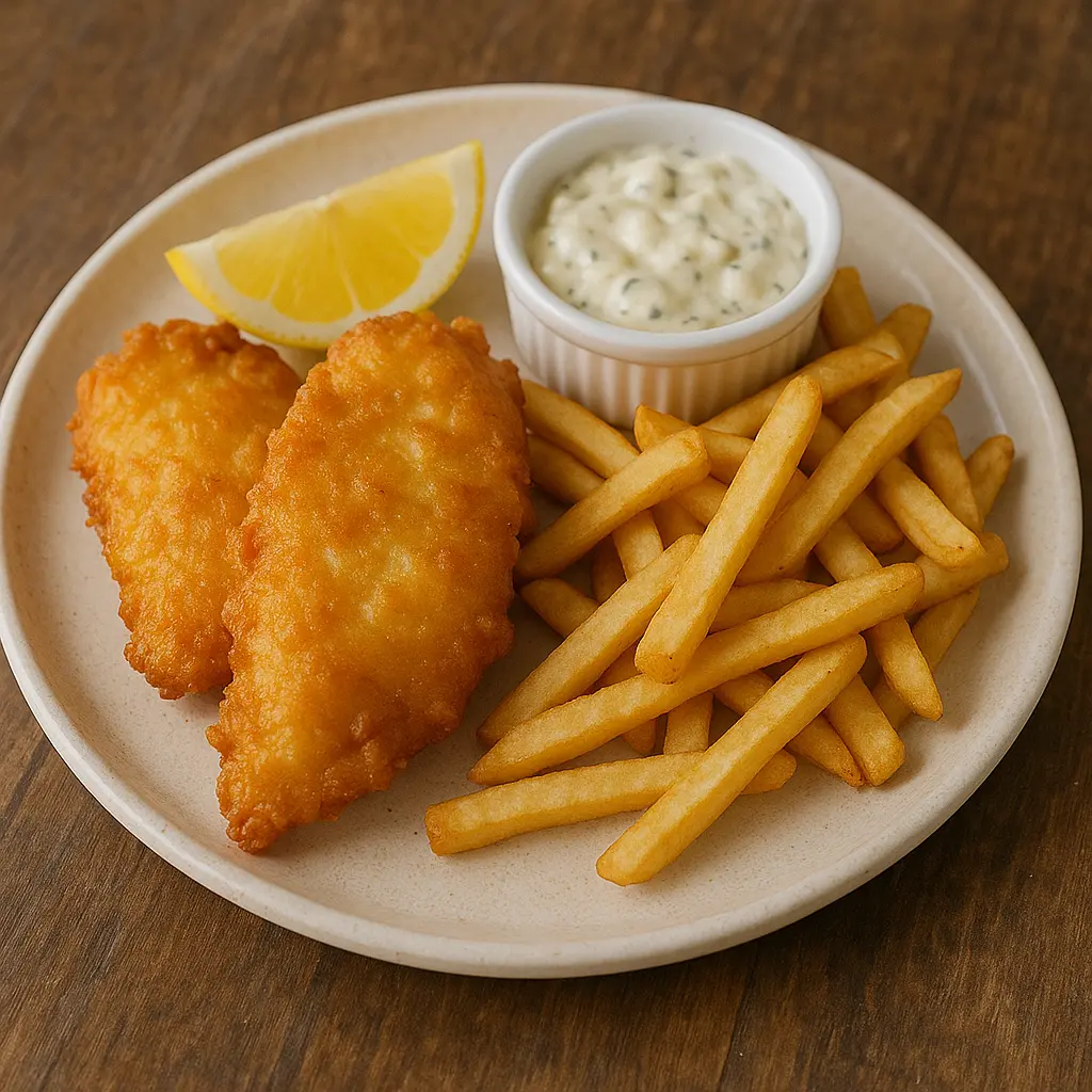 A classic British meal of beer-battered fish and chips, served in newspaper.